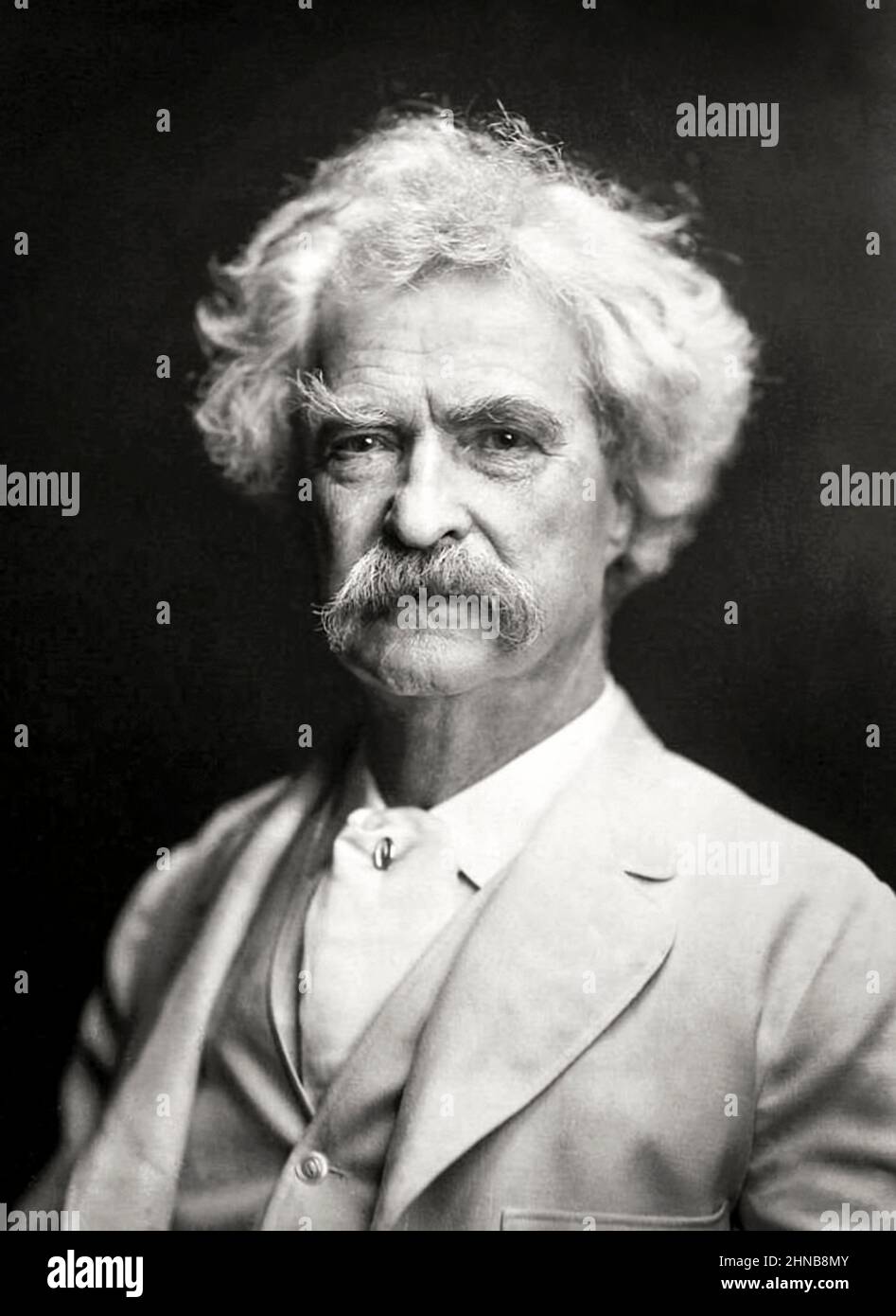 Mark Twain (1835-1910), The Father of American Literature whose works include The Adventures of Tom Sawyer and the Adventures of Huckleberry Finn. Photograph by A.F. Bradley taken in New York in 1907. Stock Photo