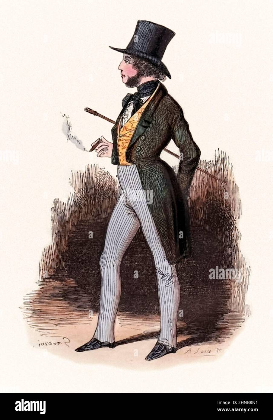 Illustration from ‘Le Sportsman Parisien’ [The Parisian Sportsman] by Rodolphe d'Ornano (1861-1865) by Paul Gavarni (1804-1866). Photograph of an original hand coloured engraving published in 1840. Stock Photo