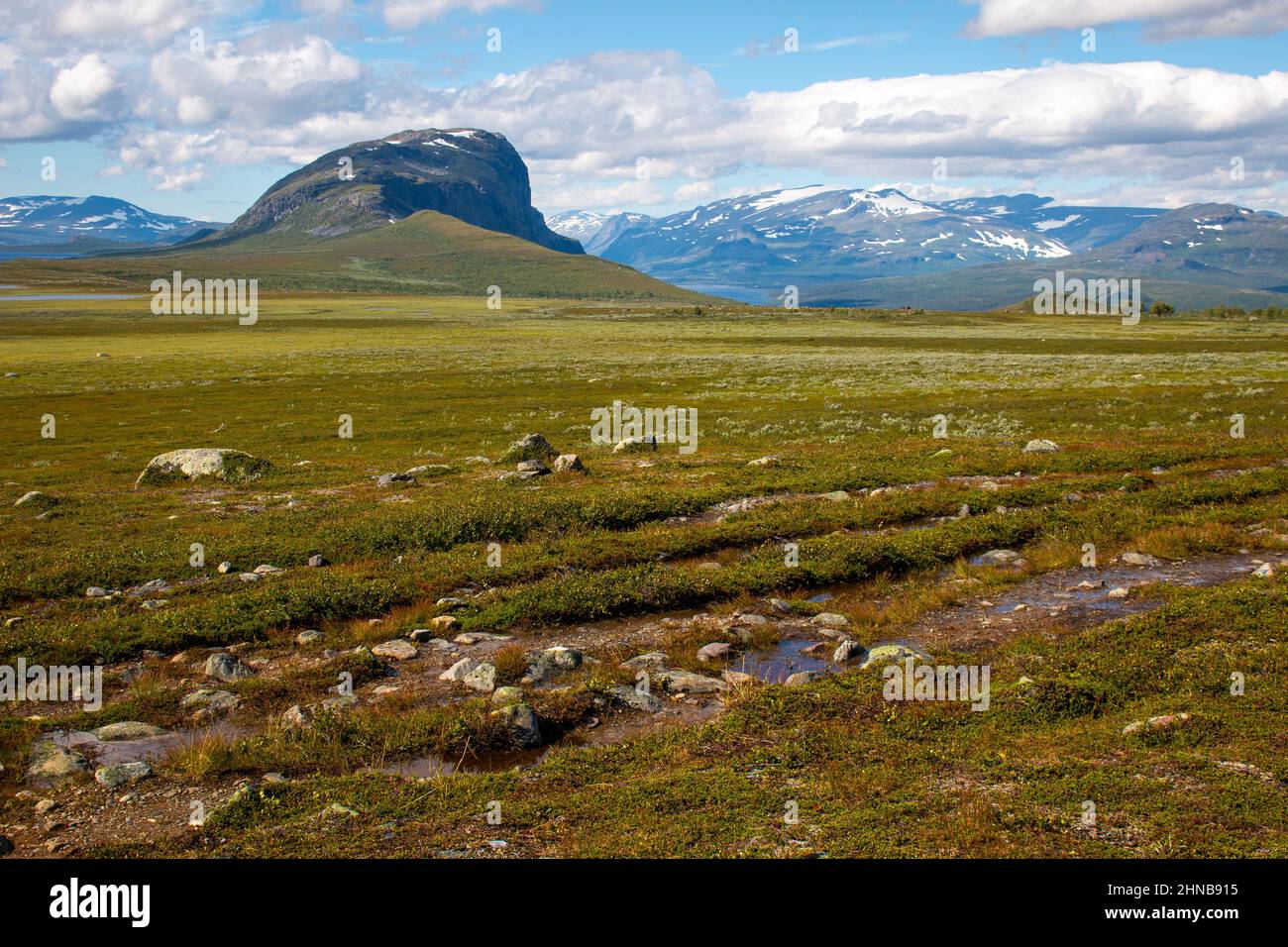 The view towards Saltoluokta from Kungsleden trail, early August, Lapland, Sweden Stock Photo