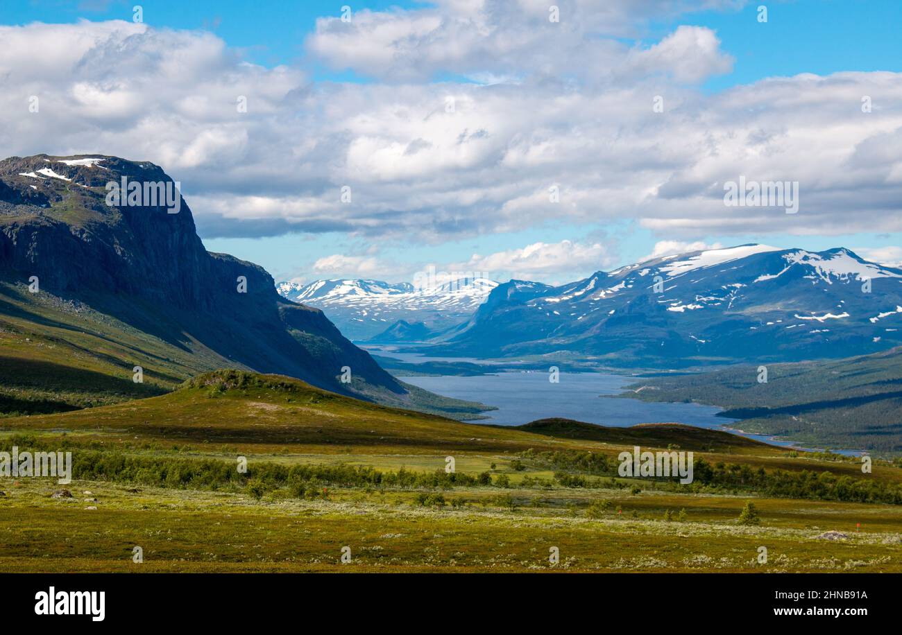 The view towards Saltoluokta from Kungsleden trail, early August, Lapland, Sweden Stock Photo