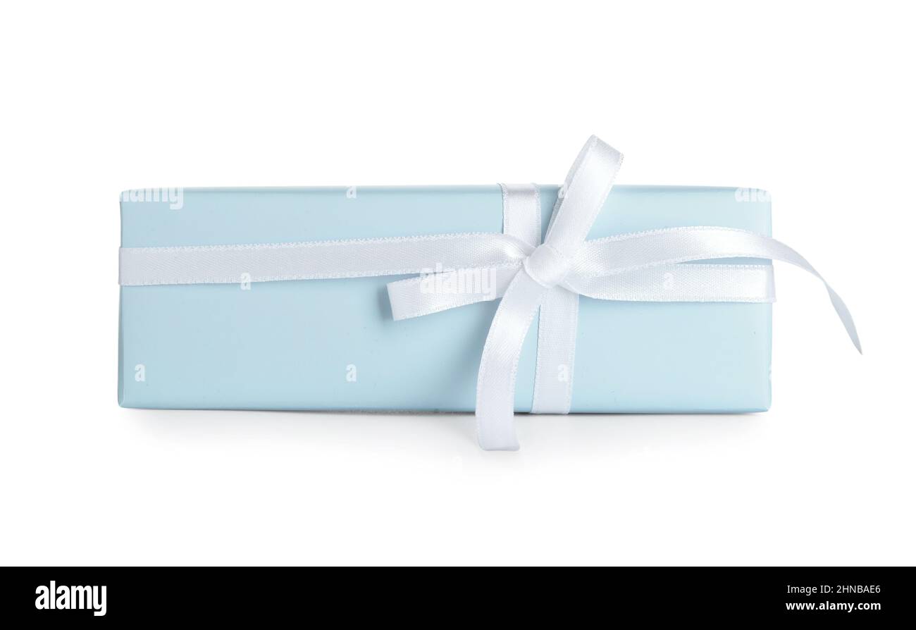 Gift box with ribbon and bow on white background Stock Photo - Alamy