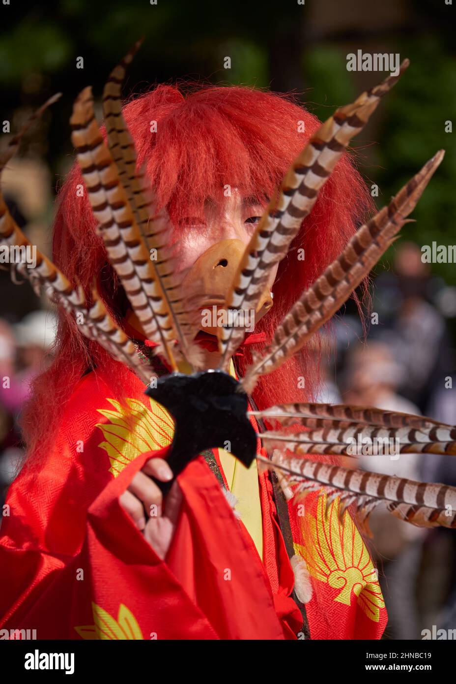 Nagoya, Japan – October 20, 2019: An actor wearing traditional tengu costume of a a bird like creatures holding a magical feather fan (hauchiwa) at th Stock Photo