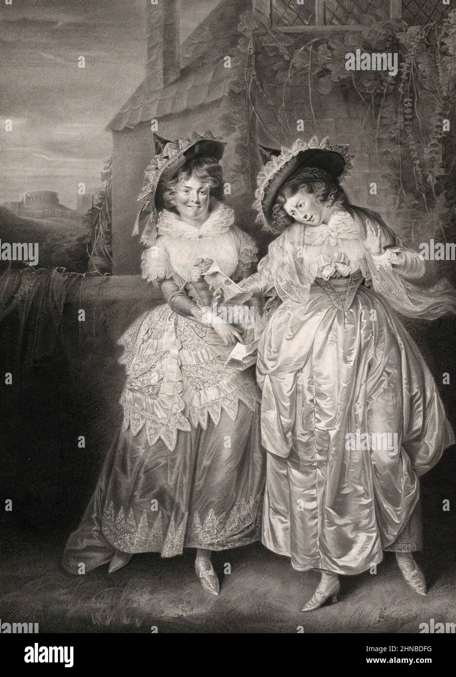 Mrs. Ford & Mrs. Page in the Characters of Shakespeare's The Merry Wives of Windsor Act 3 Scene 1 Stock Photo