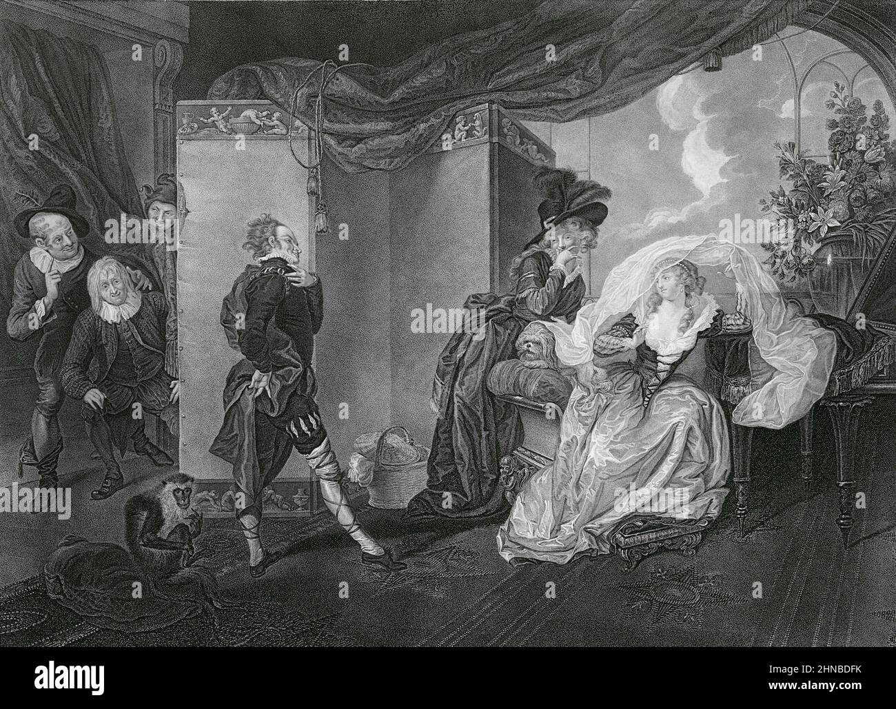 Olivia, Maria and Malvolio in Olivia's House from Shakespeare's  Twelfth Night, Act 3, Scene 4 Stock Photo