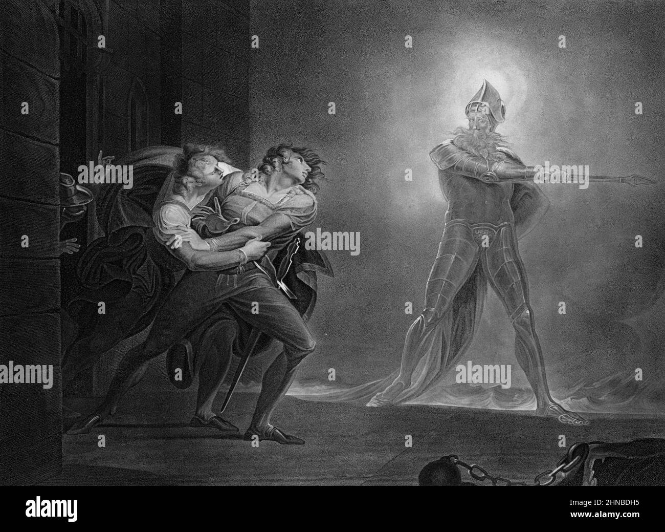 Hamlet, Horatio, Marcellus and the Ghost from Shakespeare's Hamlet, Act 1, Scene 4 Stock Photo