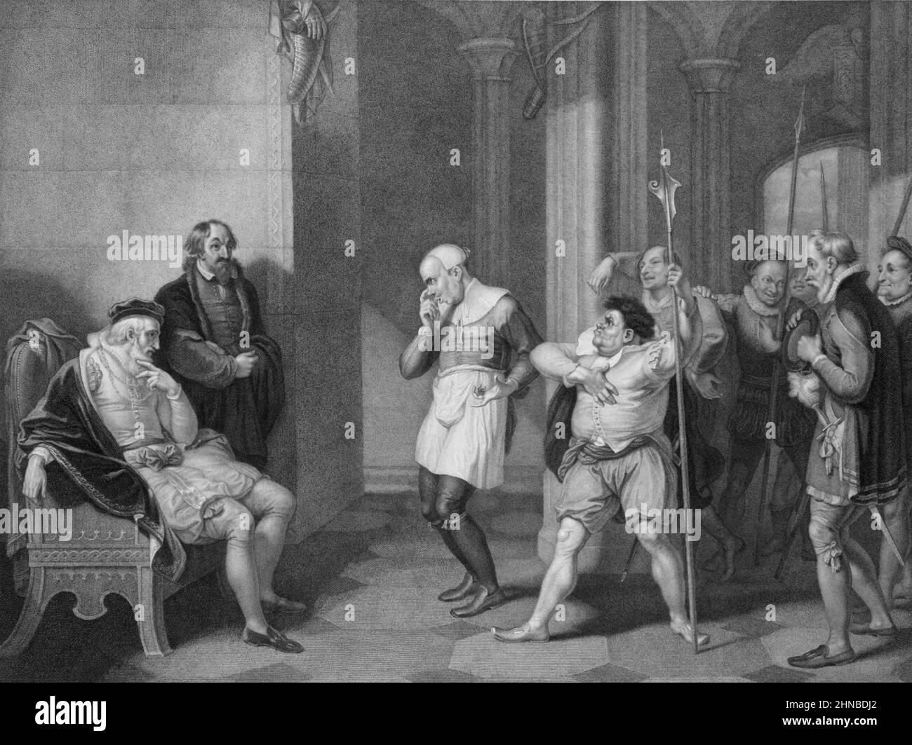 Escalus, a Justice, Elbow, Froth, Clown, Officers, etc. at Angelo's house, from Shakespeare, Measure for Measure, Act 2, Scene 1 Stock Photo