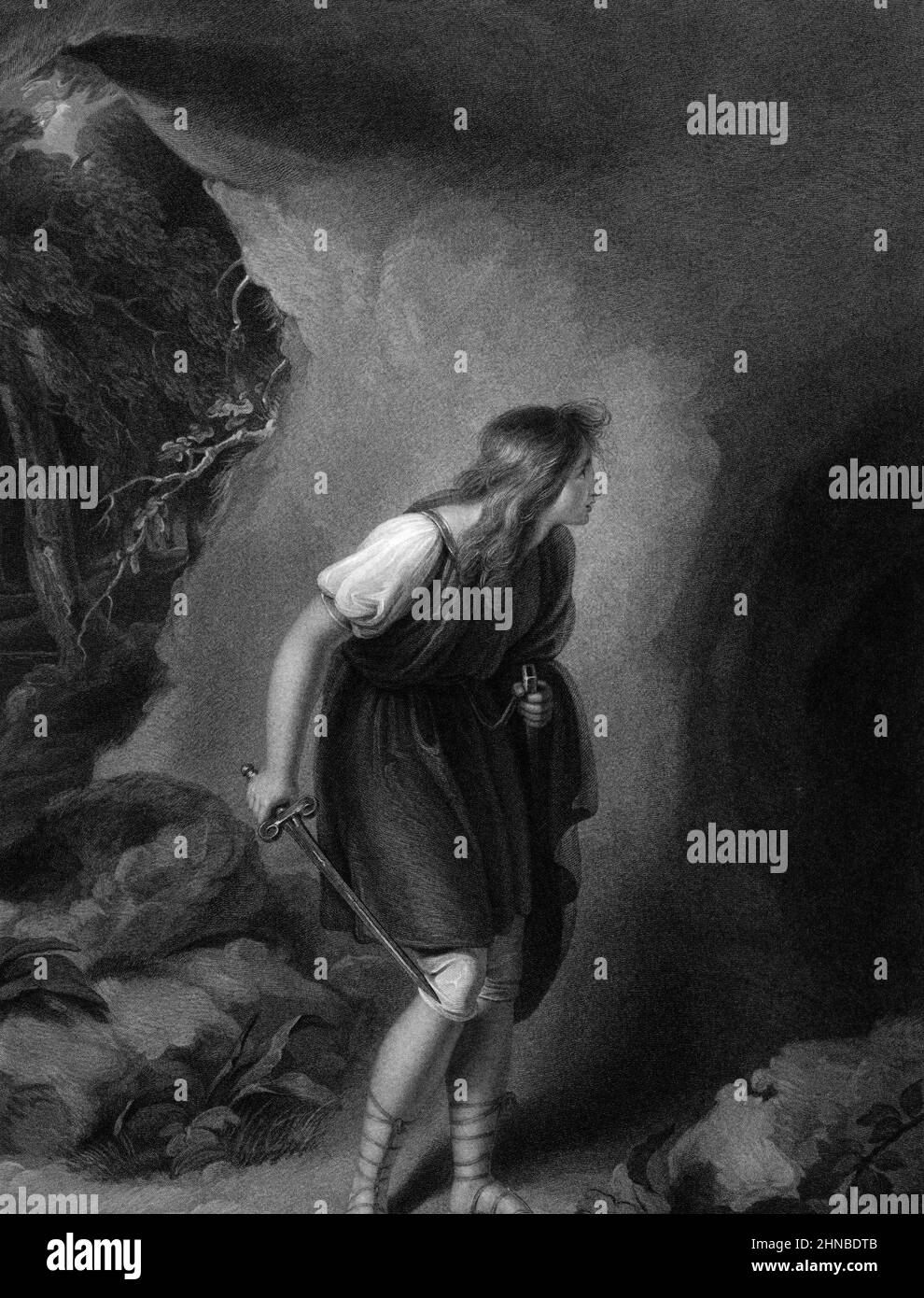 Imogen before Belarius's cave from Shakespeare's Cymbeline, Act 3, Scene 6 Stock Photo