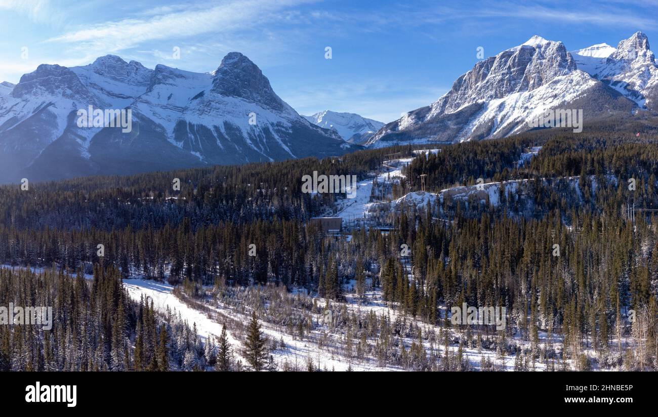 Aerial view of Rundle hydro power plant in the Canadian Rockies in ...