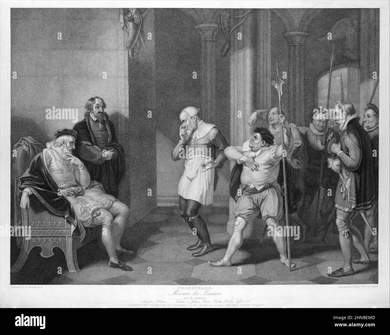 Escalus, a Justice, Elbow, Froth, Clown, Officers, etc. at Angelo's house, from Shakespeare, Measure for Measure, Act 2, Scene 1 Stock Photo