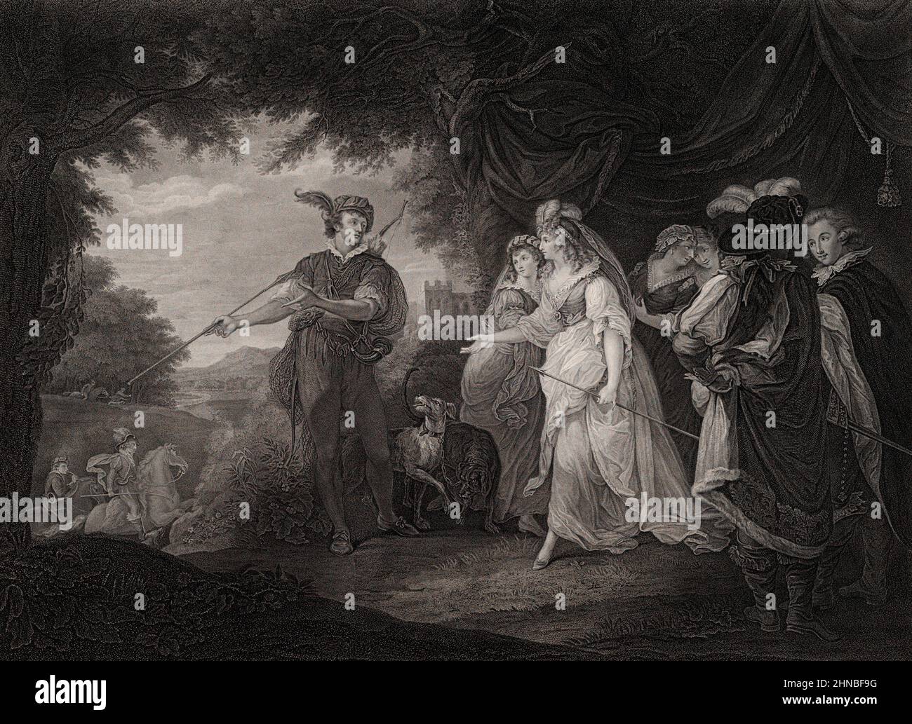 The Princess of France, Forester, Rosaline, Maria, Katherine and Lords Boyet and Costard in The King of Navarre’s park. Act 4 Scene 1 from Shakespeare, Love's Labour Lost Stock Photo