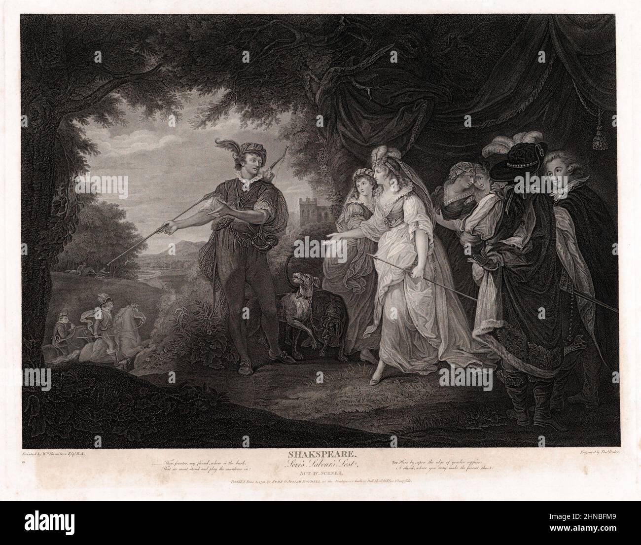 The Princess of France, Forester, Rosaline, Maria, Katherine and Lords Boyet and Costard in The King of Navarre’s park. Act 4 Scene 1 from Shakespeare, Love's Labour Lost Stock Photo