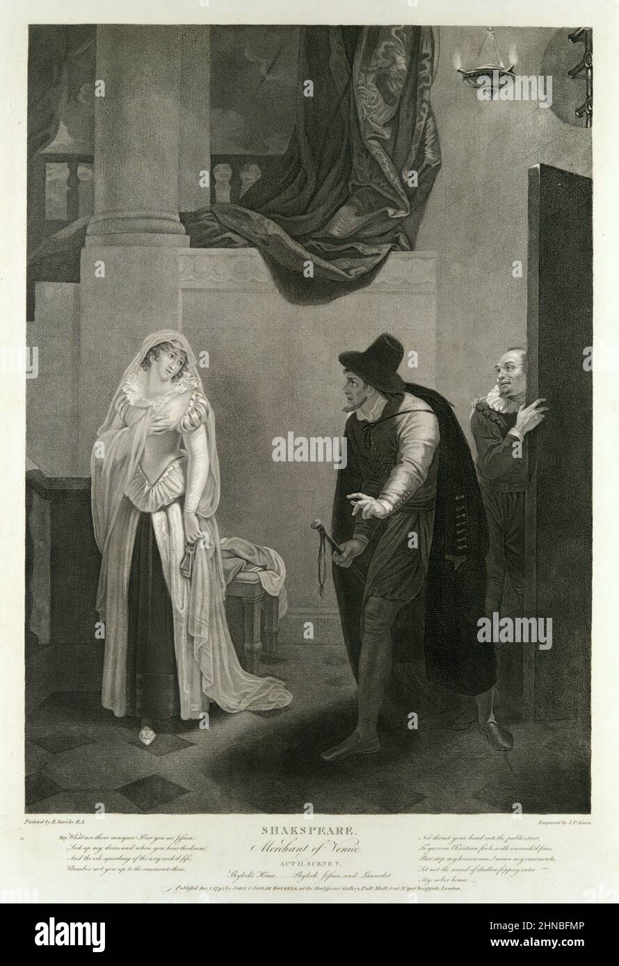 Shylock, Jessica and Launcelot in Shylock's House. From Shakespeare's The Merchant of Venice, Act 2, Scene 5 Stock Photo