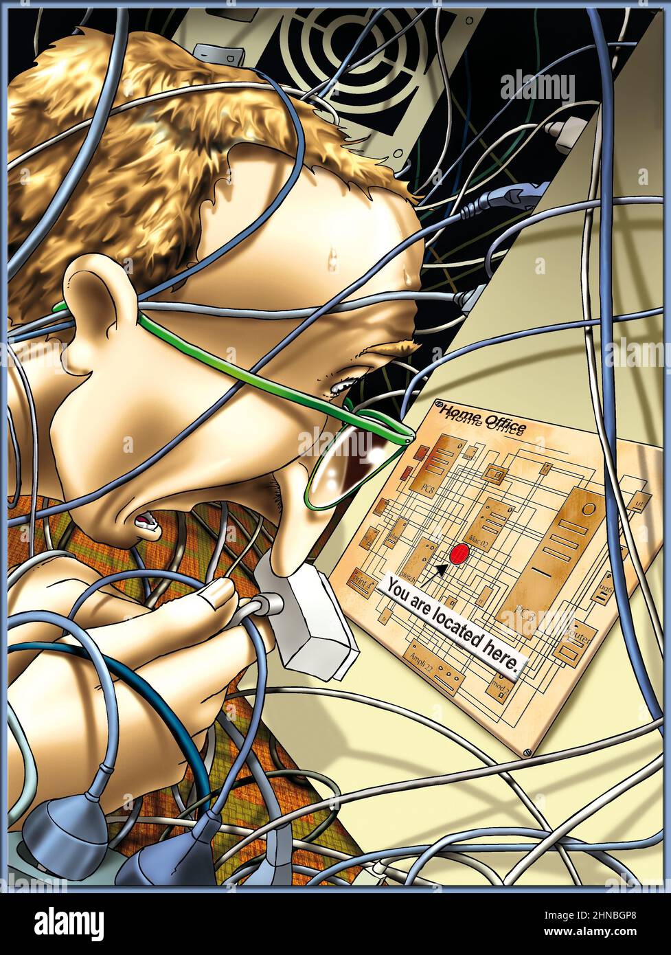 Complex home network, satirical illustration Stock Photo