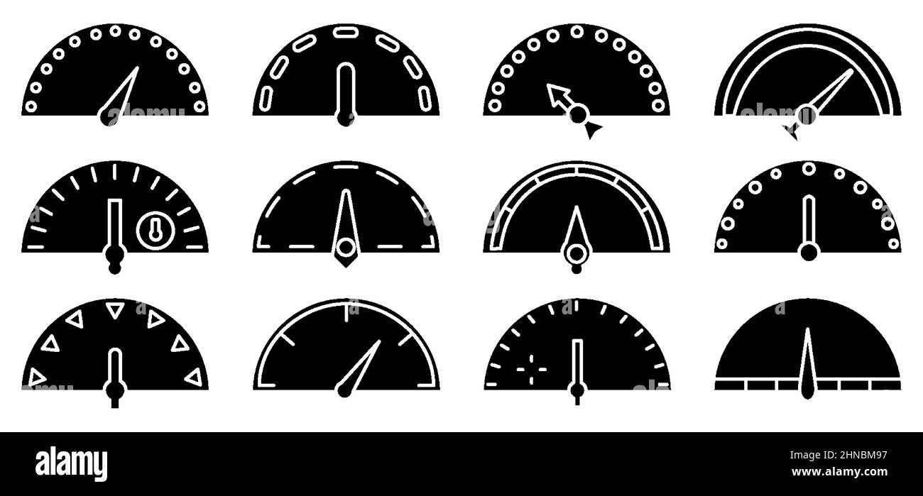Speedometers and indicators, scales line glyph silhouette icon set isolated on white background