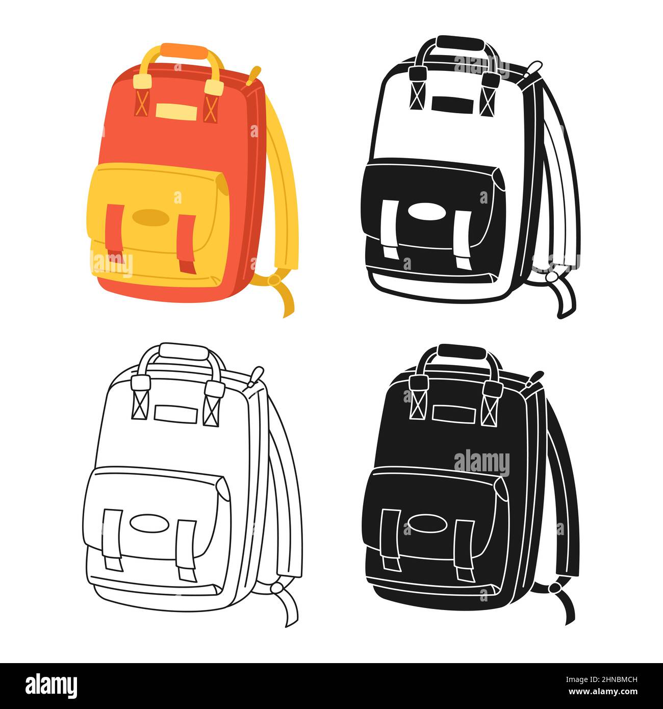 Backpack icon cartoon drawn or stamp, doodle set. Bag simple line sign.  Backpacks for school children