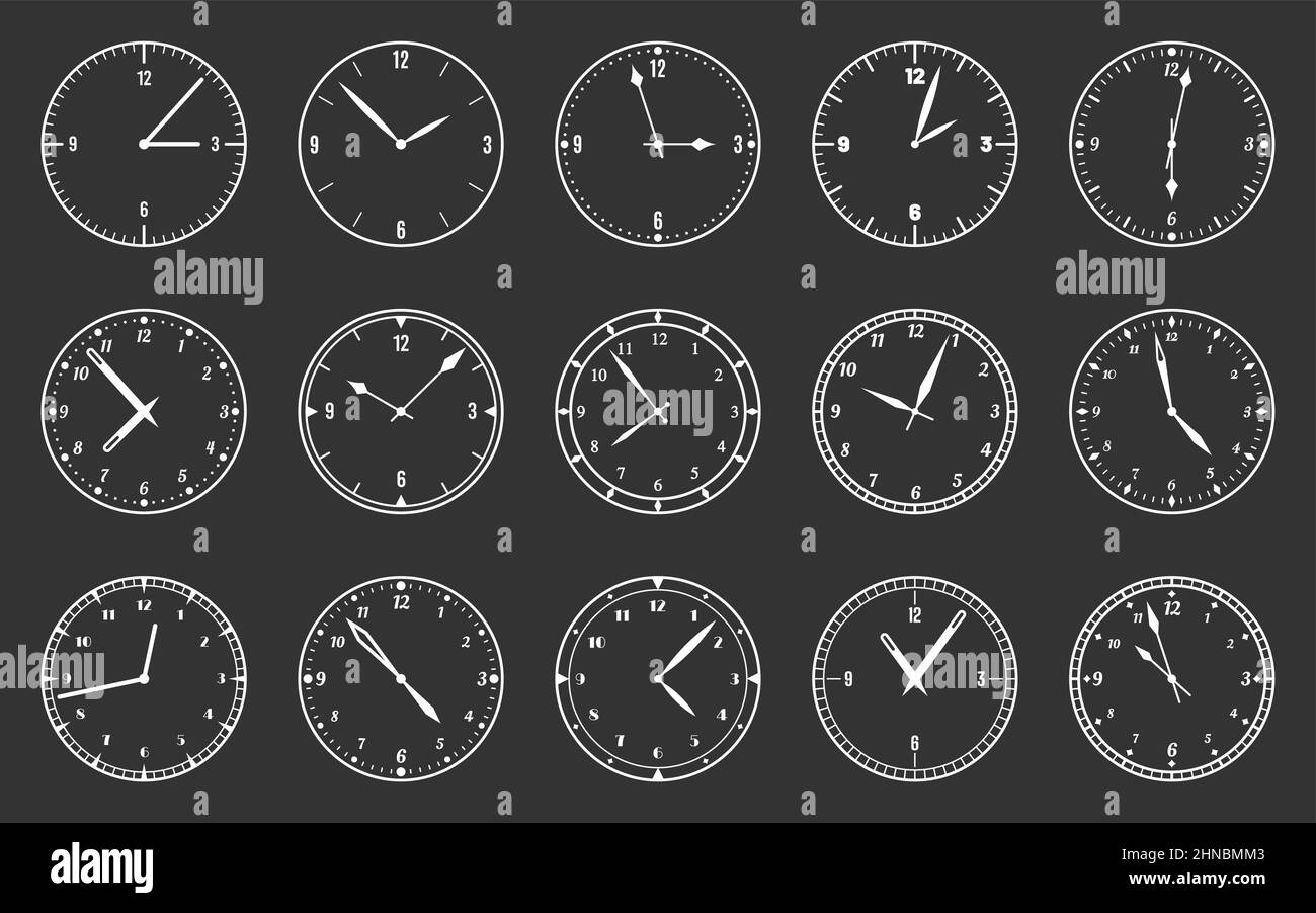 Dial clock face watch time circle black line set. Modern wall wrist clock classic bezel arabic numeral minute second hand template management office deadline time measurement mockup isolated on black Stock Vector