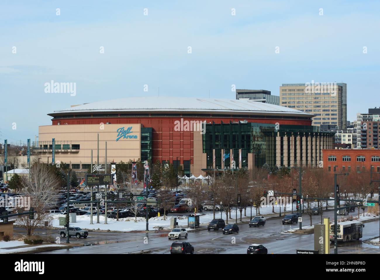 DENVER, CO, USA - Feb. 12, 2022: Ball Arena is an arena facility that is home to multiple professional sports teams, including the Denver Nuggets of t Stock Photo