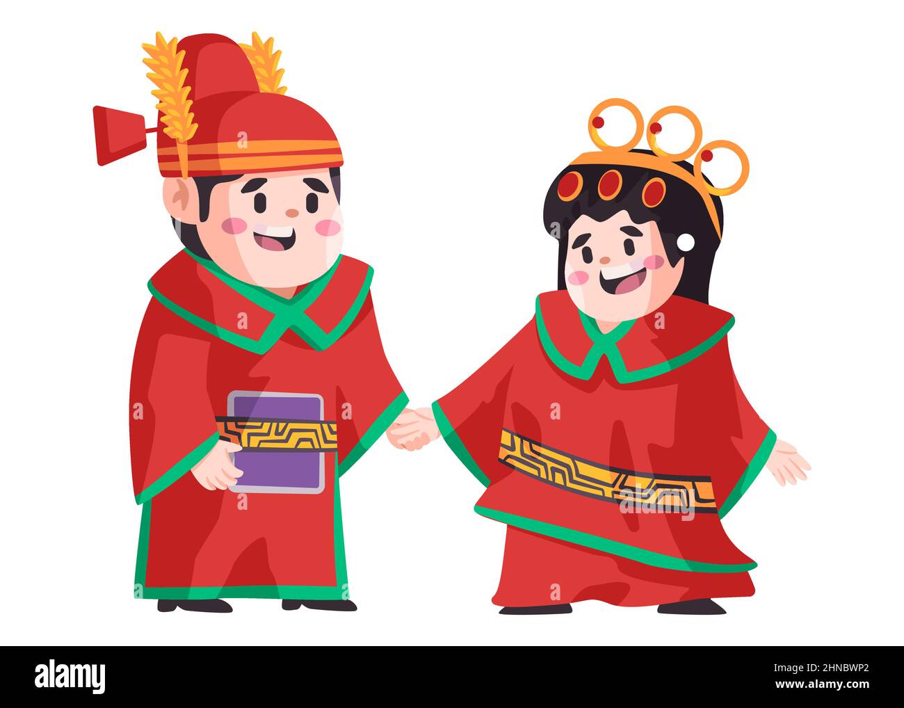 Happy couple wearing red chinese traditional marriage costume fashion clothes wedding ethnic china Stock Vector