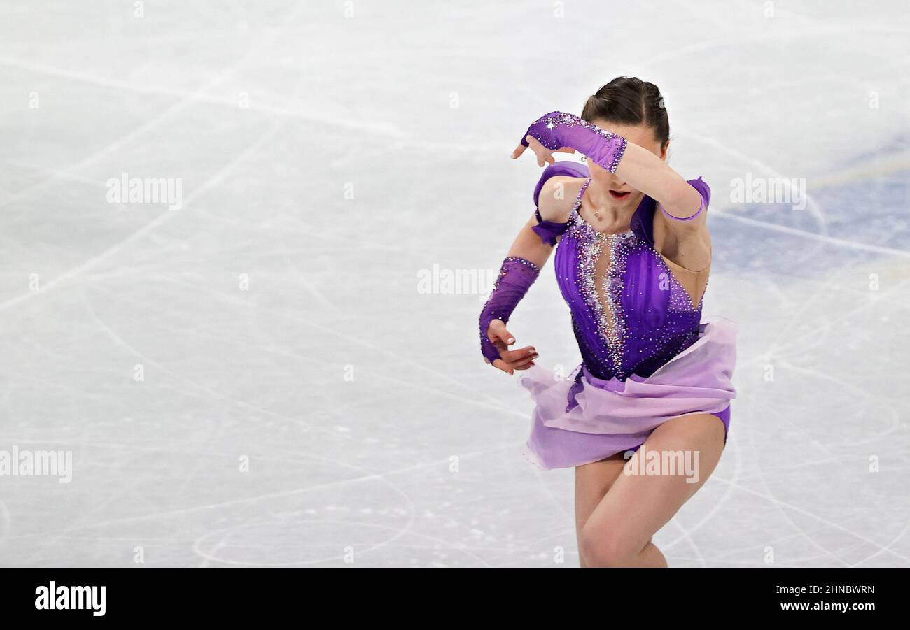 BEIJING, CHINA - 15/02/2022,  Kamila Valieva from Russia during the women's short program figure skating qualifications Stock Photo