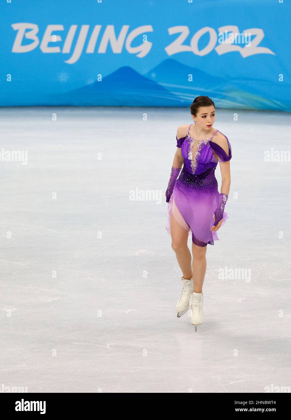 BEIJING, CHINA - 15/02/2022,  Kamila Valieva from Russia during the women's short program figure skating qualifications Stock Photo
