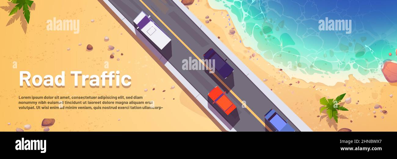 Road traffic cartoon banner with cars top view, straight two lane highway along sea beach with sand and palm trees. Overhead background with vehicles riding at asphalt pathway Vector illustration Stock Vector