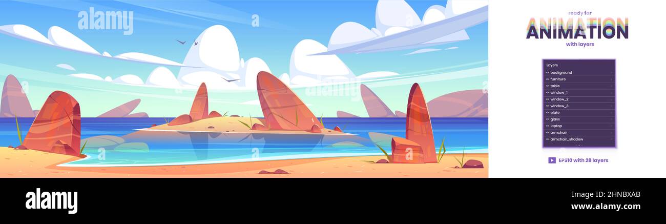Sea nature landscape, ocean shallow parallax background with 2d separated layers ready for game animation. Rocks in clean water under fluffy clouds and gulls flying in sky, Cartoon vector illustration Stock Vector