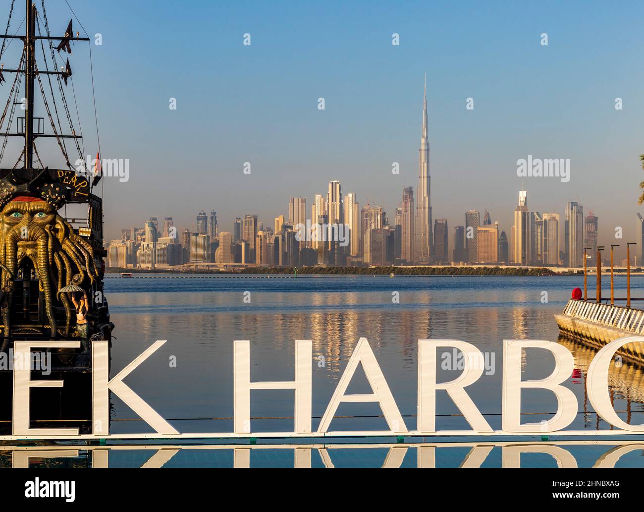 Dubai, UAE - 02.11.2022 - Replica of Black pearl pirate ship, used as a floating restaurant and docked in Dubai creek harbor. Stock Photo