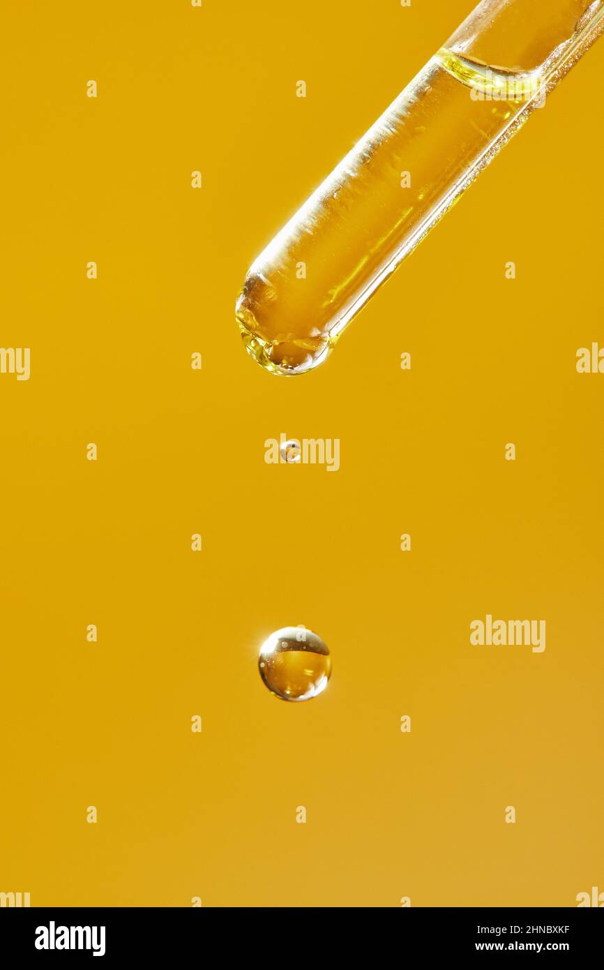 A drop of cosmetic aromatic oil drips from the pipette. Front view