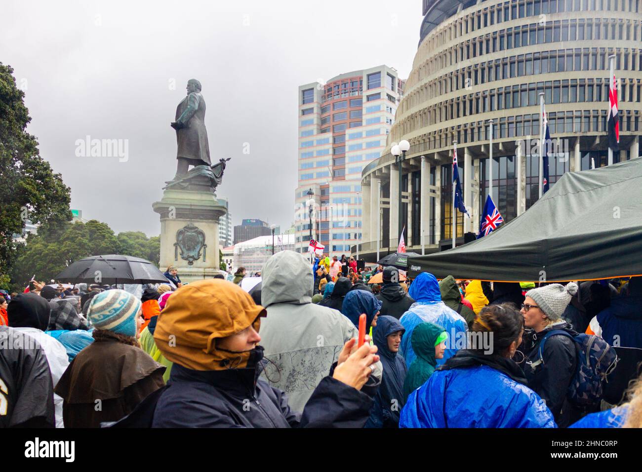 Wellington, New Zealand. February 13, 2022: Protestors gathered at Parliament during the anti-mandate convoy occupation. Stock Photo
