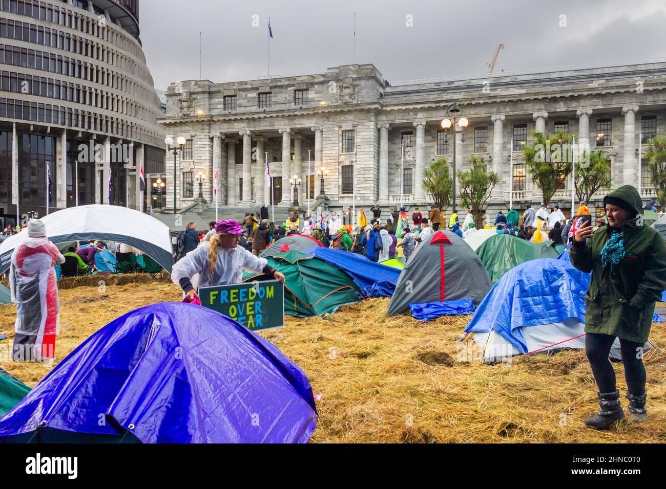 Wellington, New Zealand. February 13, 2022: Protestors gathered at Parliament during the anti-mandate convoy occupation. Stock Photo