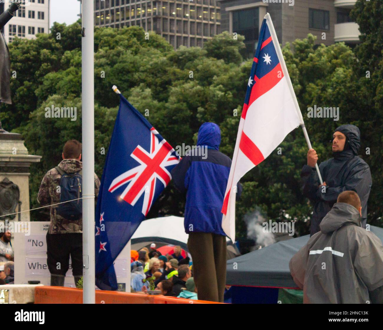 Wellington, New Zealand. February 13, 2022: Protestors hold up flags on the front line during the covid anti-mandate convoy protest and occupation of Stock Photo