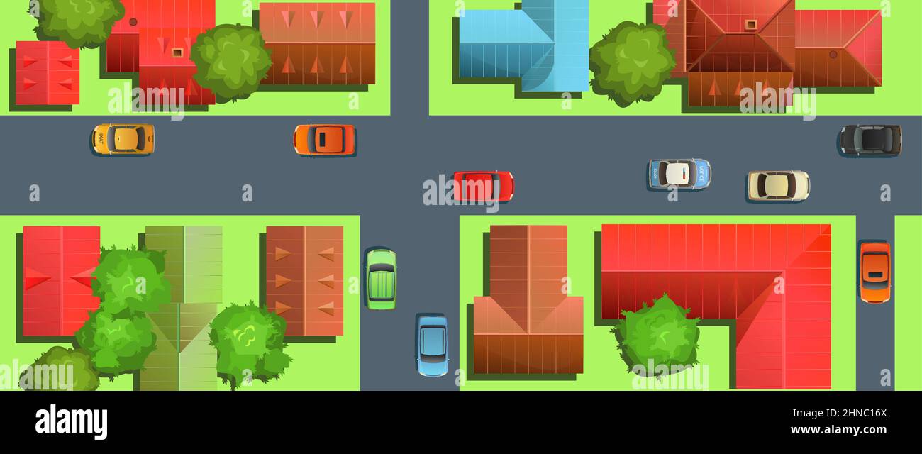 City street. Fragment of small town. Top View from above. Cartoon cute style illustration. Cars drive along asphalt road. Vector. Stock Vector