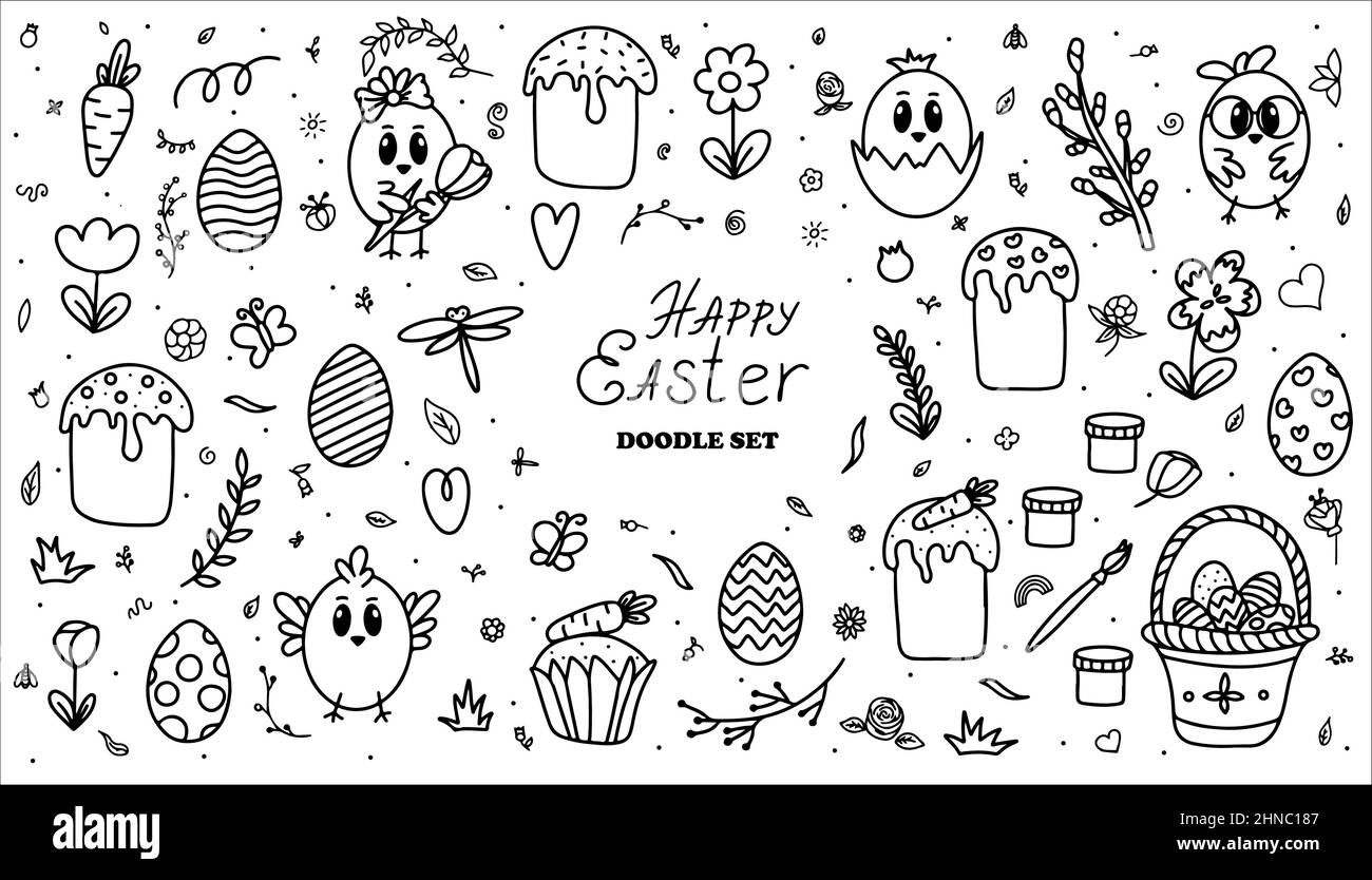 Easter traditional doodle collection eggs, chickens, basket