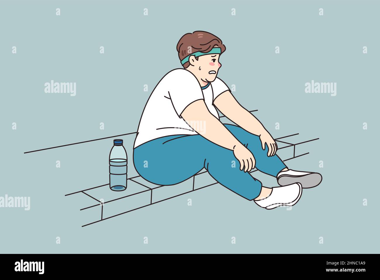 Tired fat man sit on sidewalk feel exhausted after exercising outdoors