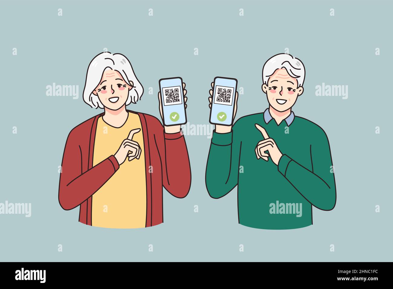 Smiling old man and woman show digital qr codes vaccination certificates on cellphones. Happy mature couple demonstrate covid vaccinating health passport on smartphone. Vector illustration.  Stock Vector