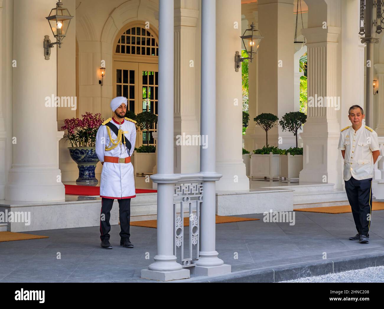 Singapore - September 08, 2019: Sikh doorman in a military uniform on ...