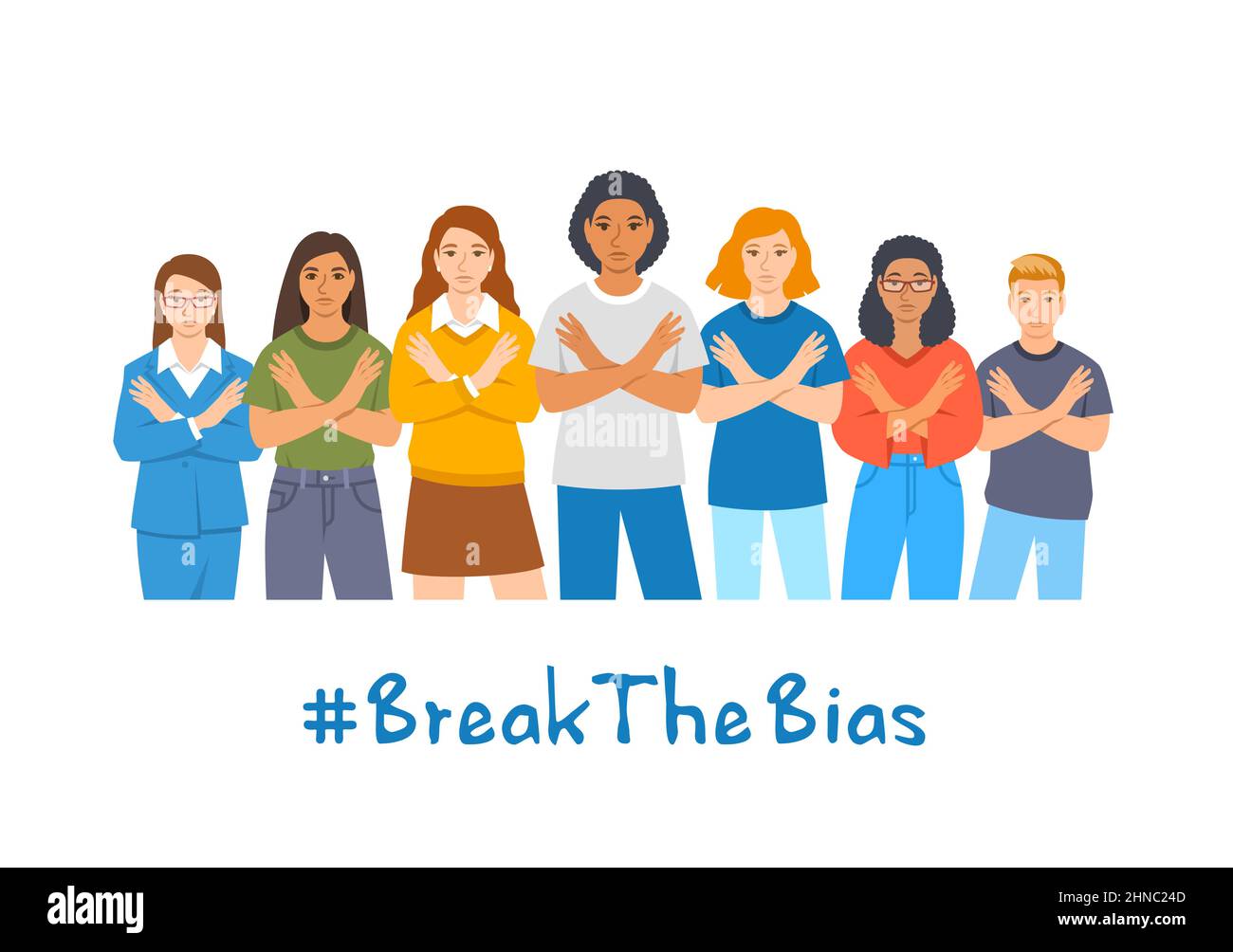 Break the bias campaign. Diverse women stand with crossed arms to stop gender discrimination and fight stereotypes. People equality movement of 2022 I Stock Vector
