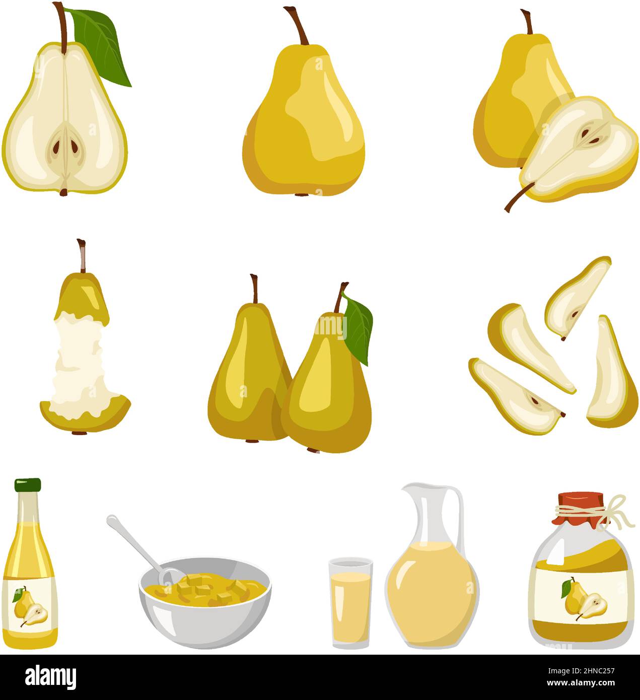 Yellow pear icons set. Whole fruits and halves with seeds and leaves, stub, pear juice in bottle, jug and glass, jam in jar and pieces in bowl. Sweet food for diet. Vector flat illustration Stock Vector