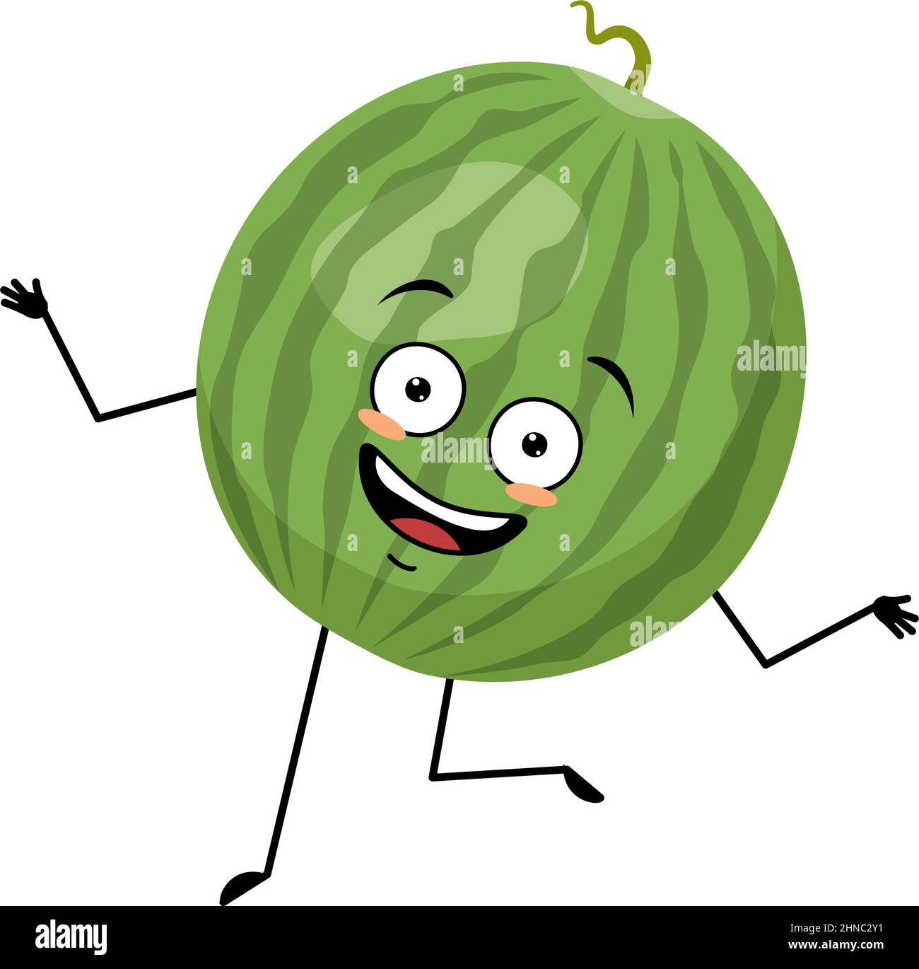 Green striped round watermelon character with crazy happy emotion, joyful face, smile eyes