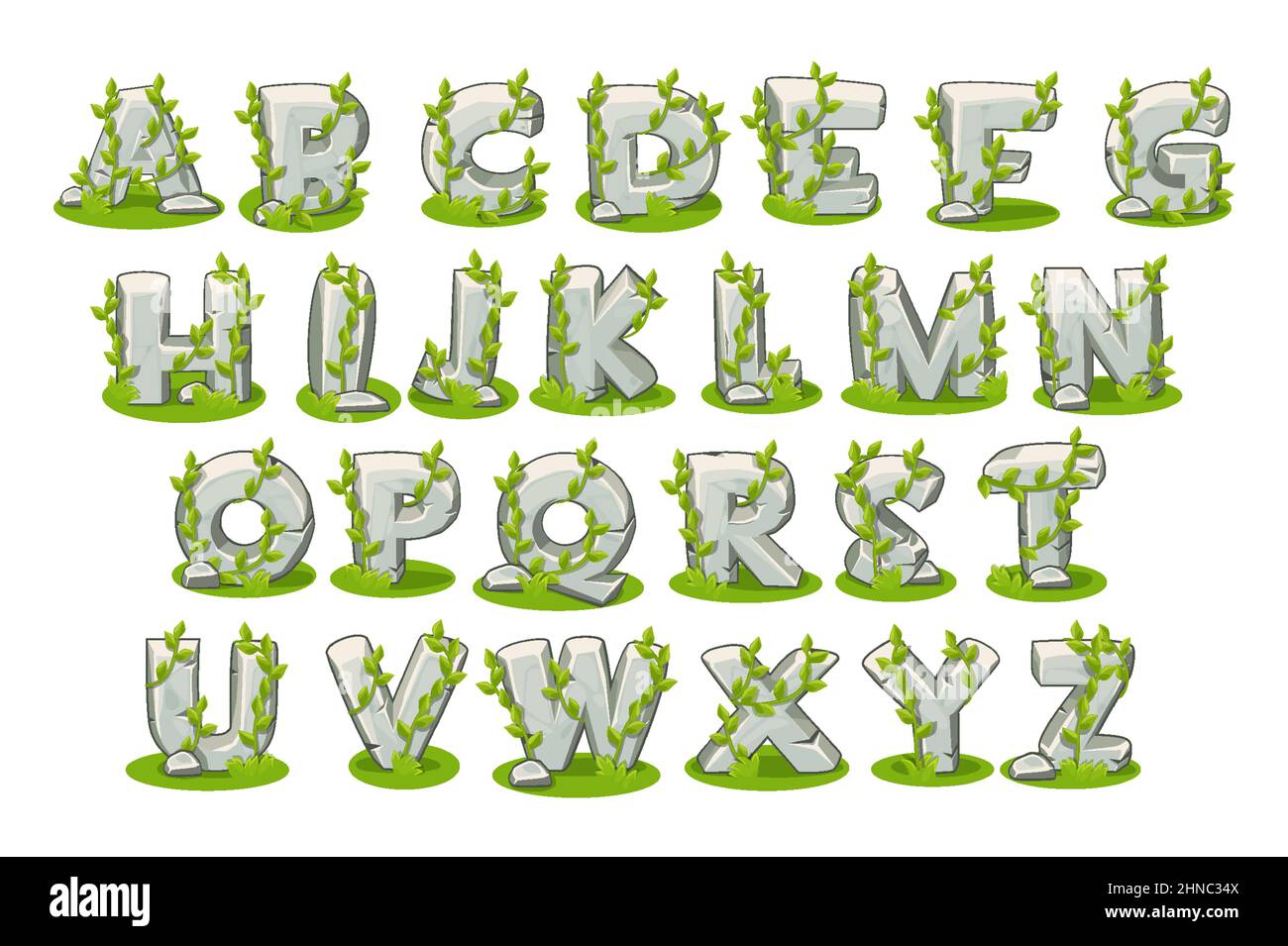 Stone alphabet with grass set for learning on a white background. Vector illustration gray letters, font from rocks and tree branches for design. Stock Vector