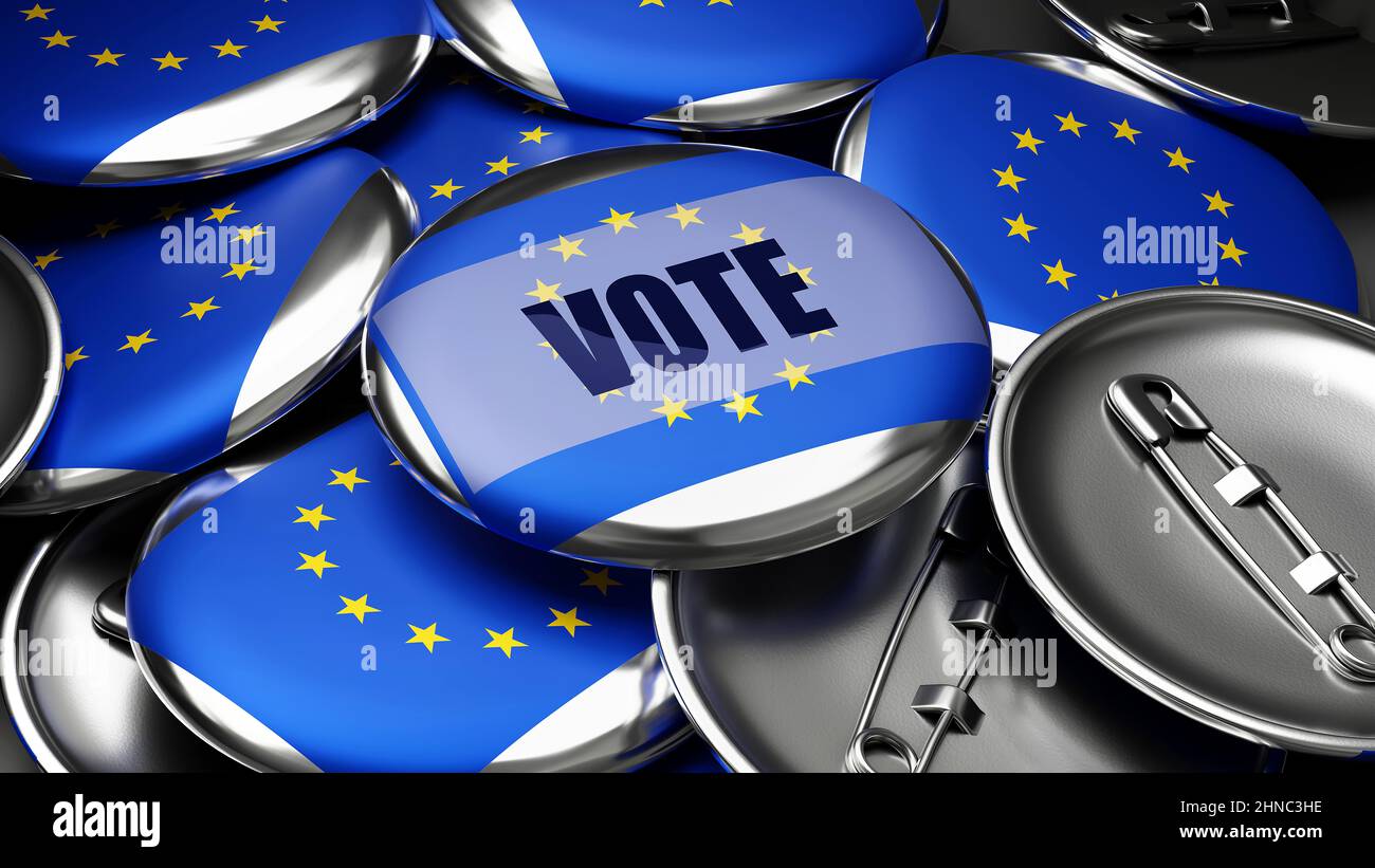 Vote in EU Europe - national flag of EU Europe on dozens of pinback buttons symbolizing upcoming Vote in this country. , 3d illustration Stock Photo