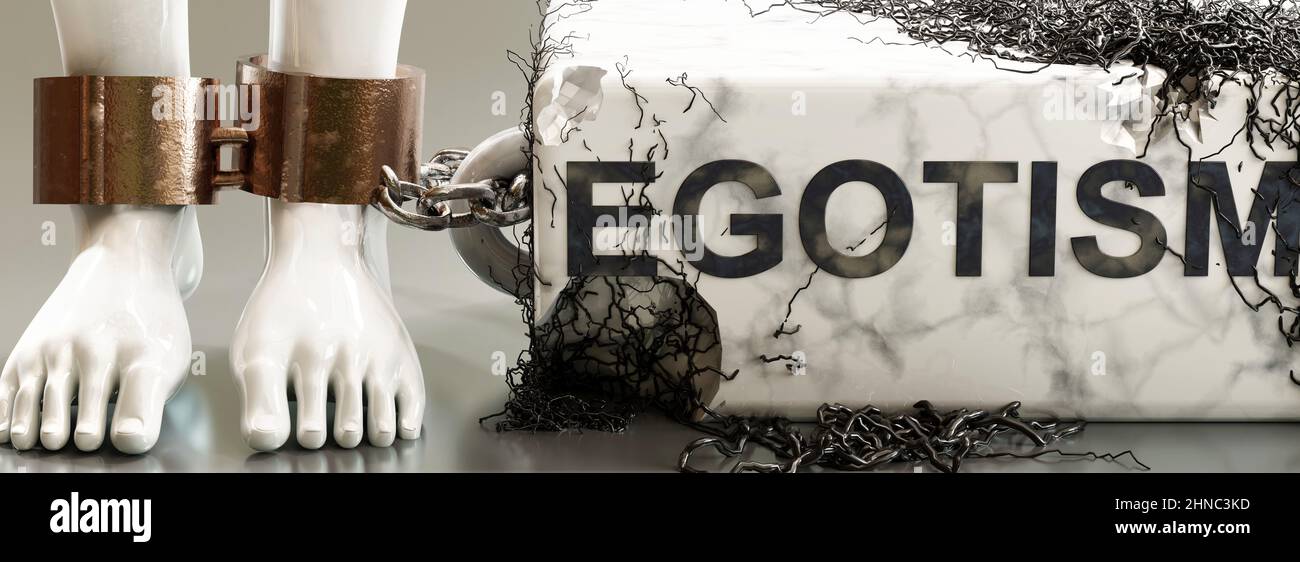 Egotism that entraps, limits life, enslaves and brings psychological weight, symbolized by a heavy, decaying stone with word Egotism and black, poison Stock Photo