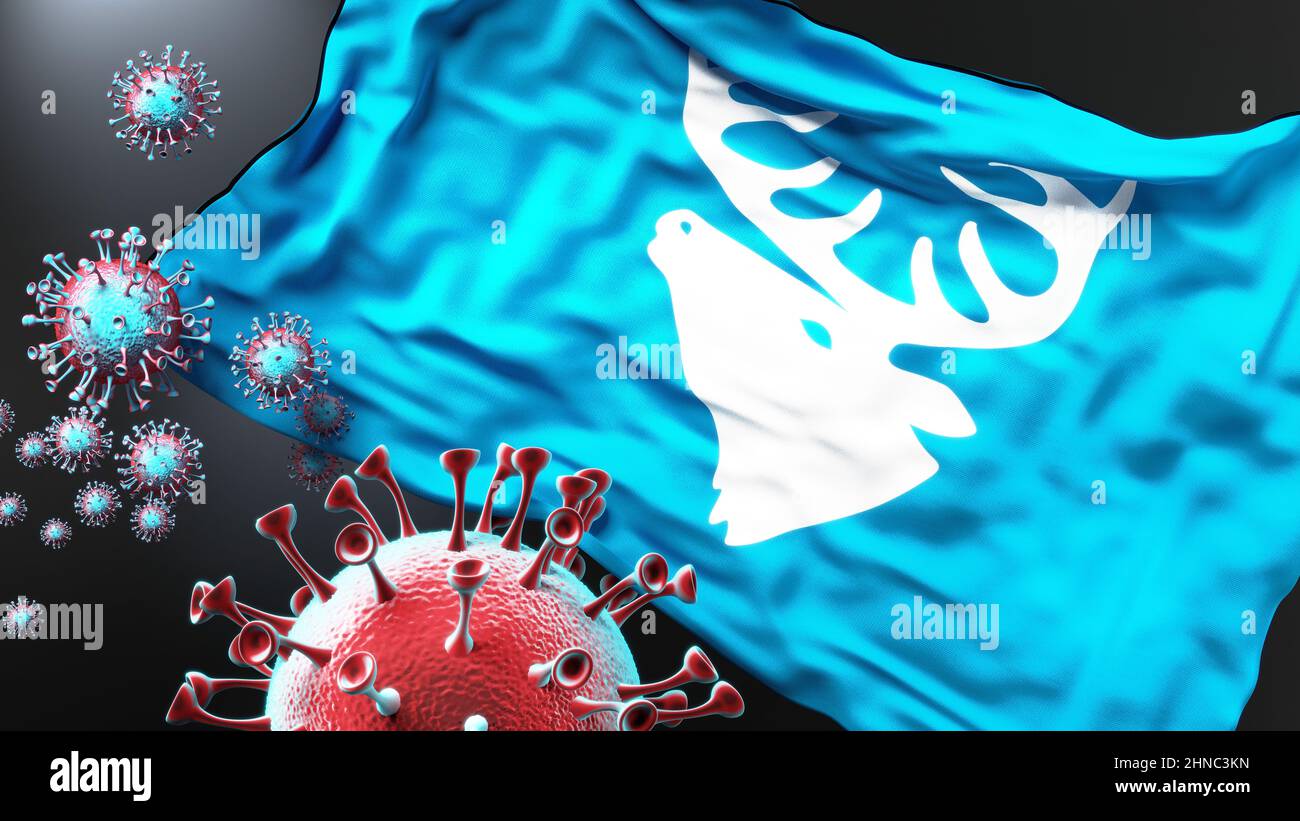 Hitra crest and covid pandemic - virus attacking a city flag of Hitra crest as a symbol of a fight and struggle with the virus pandemic in this city, Stock Photo