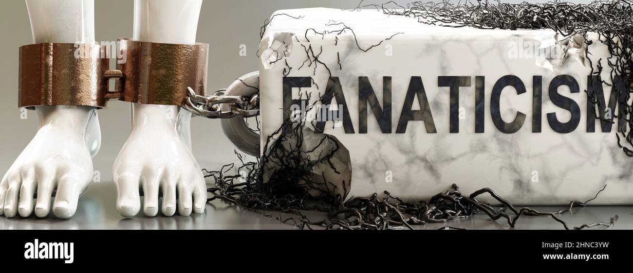 Fanaticism that entraps, limits life, enslaves and brings psychological weight, symbolized by a heavy, decaying stone with word Fanaticism and black, Stock Photo