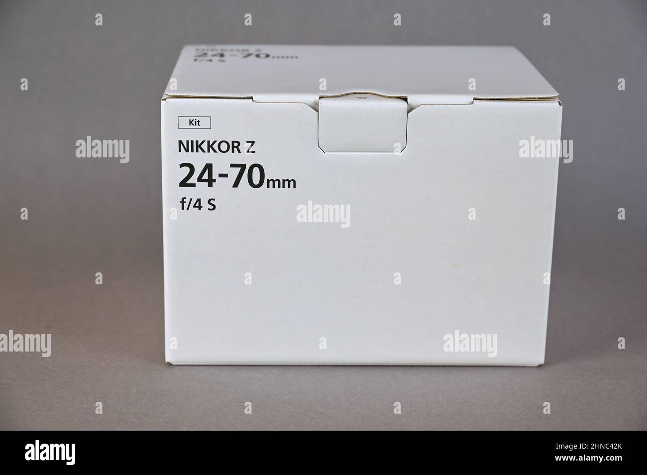 Nikkor 2470 f4 Sseries lens. White box with the new lens for Nikon