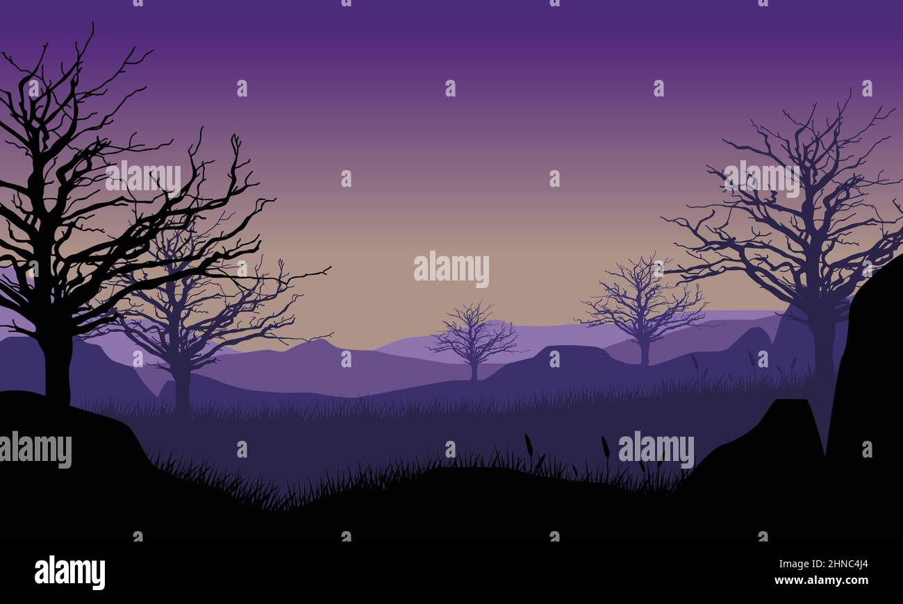 Aesthetic mountain panorama silhouette with dry trees from out of the ...