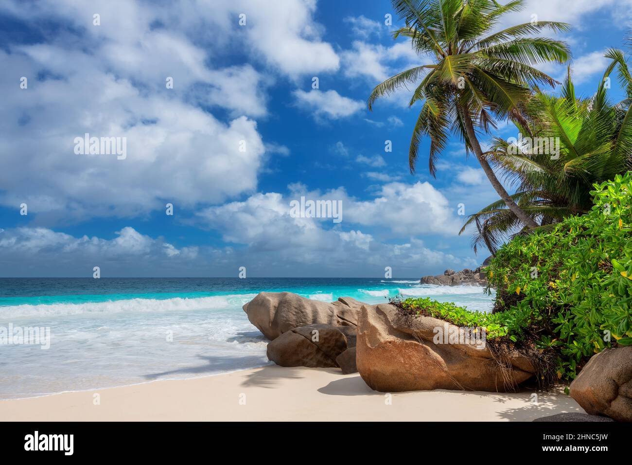 Tropical Sunny beach on exotic Seychelles island. Stock Photo