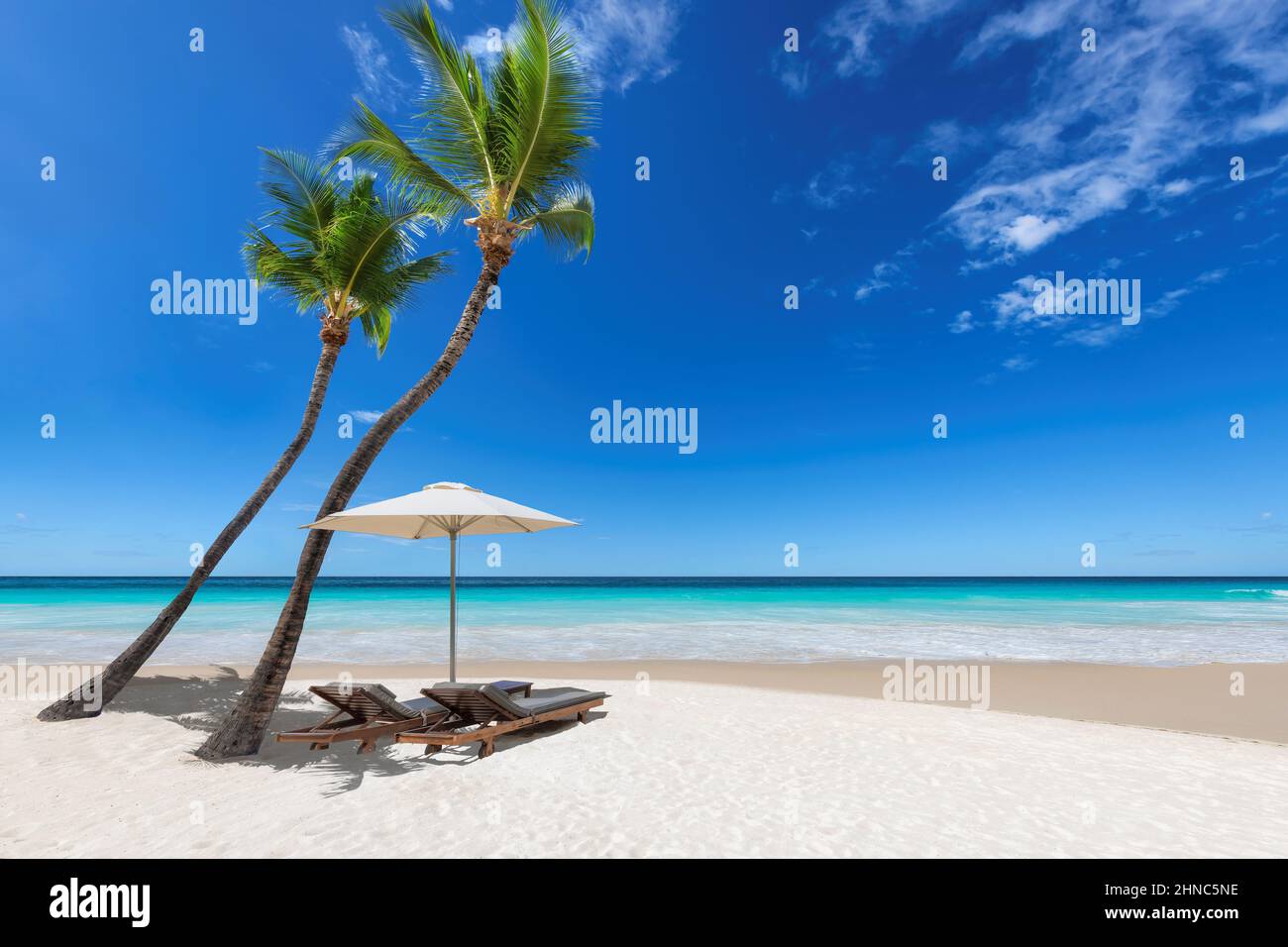 Coco palms, chairs and umbrella in sunny tropical Palm Beach and turquoise sea. Stock Photo