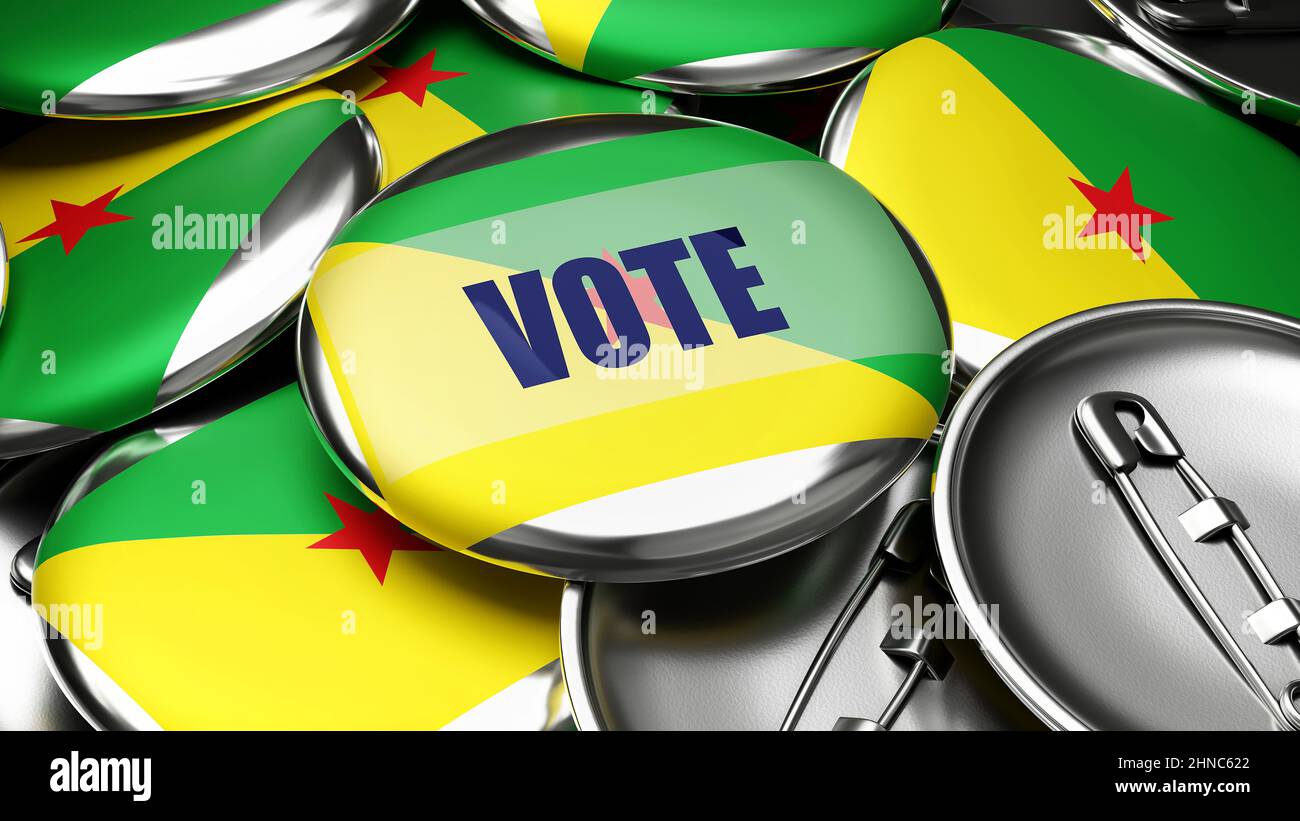 Vote in French Guiana - national flag of French Guiana on dozens of pinback buttons symbolizing upcoming Vote in this country. , 3d illustration Stock Photo