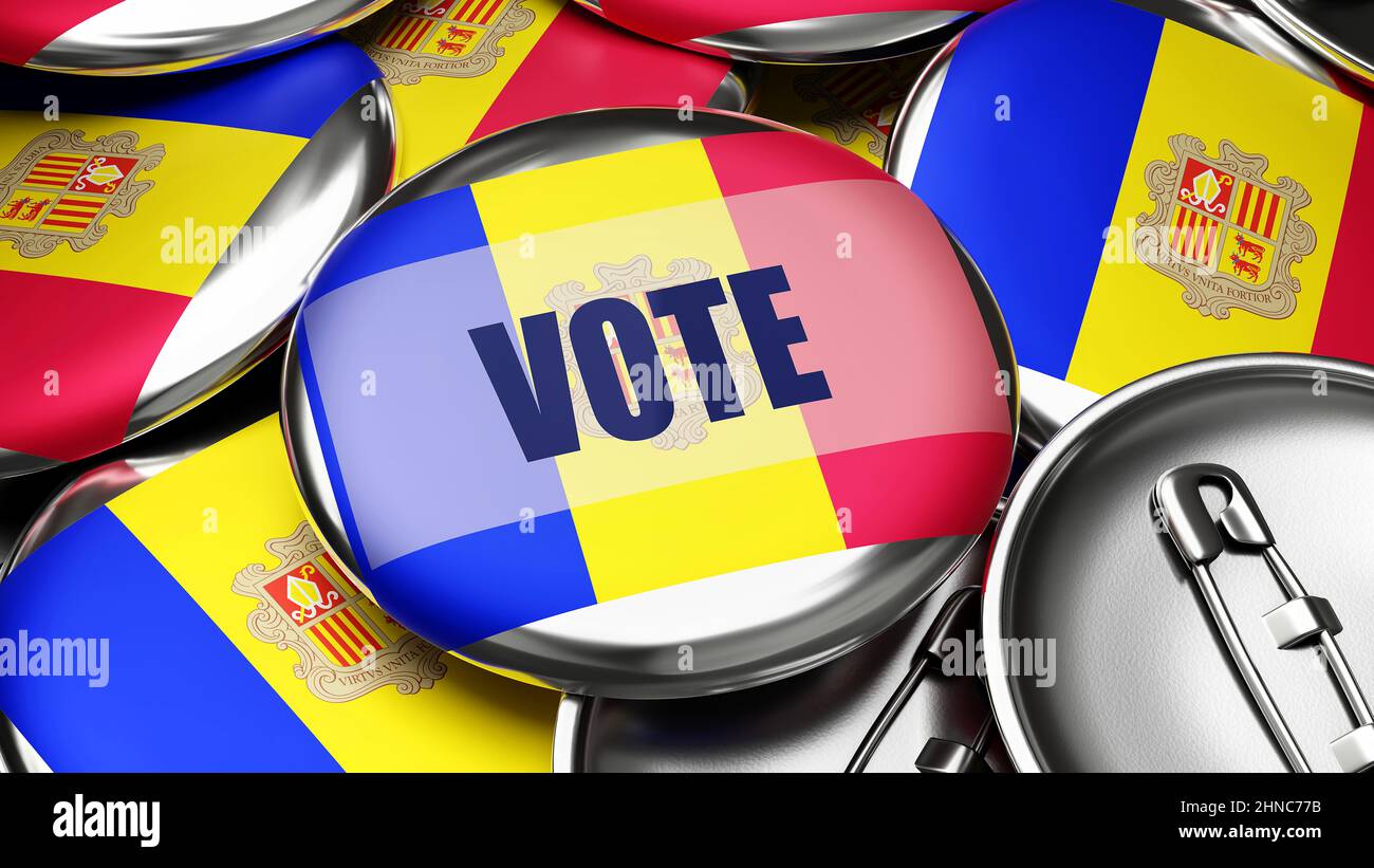 Vote in Andorra - national flag of Andorra on dozens of pinback buttons symbolizing upcoming Vote in this country. , 3d illustration Stock Photo
